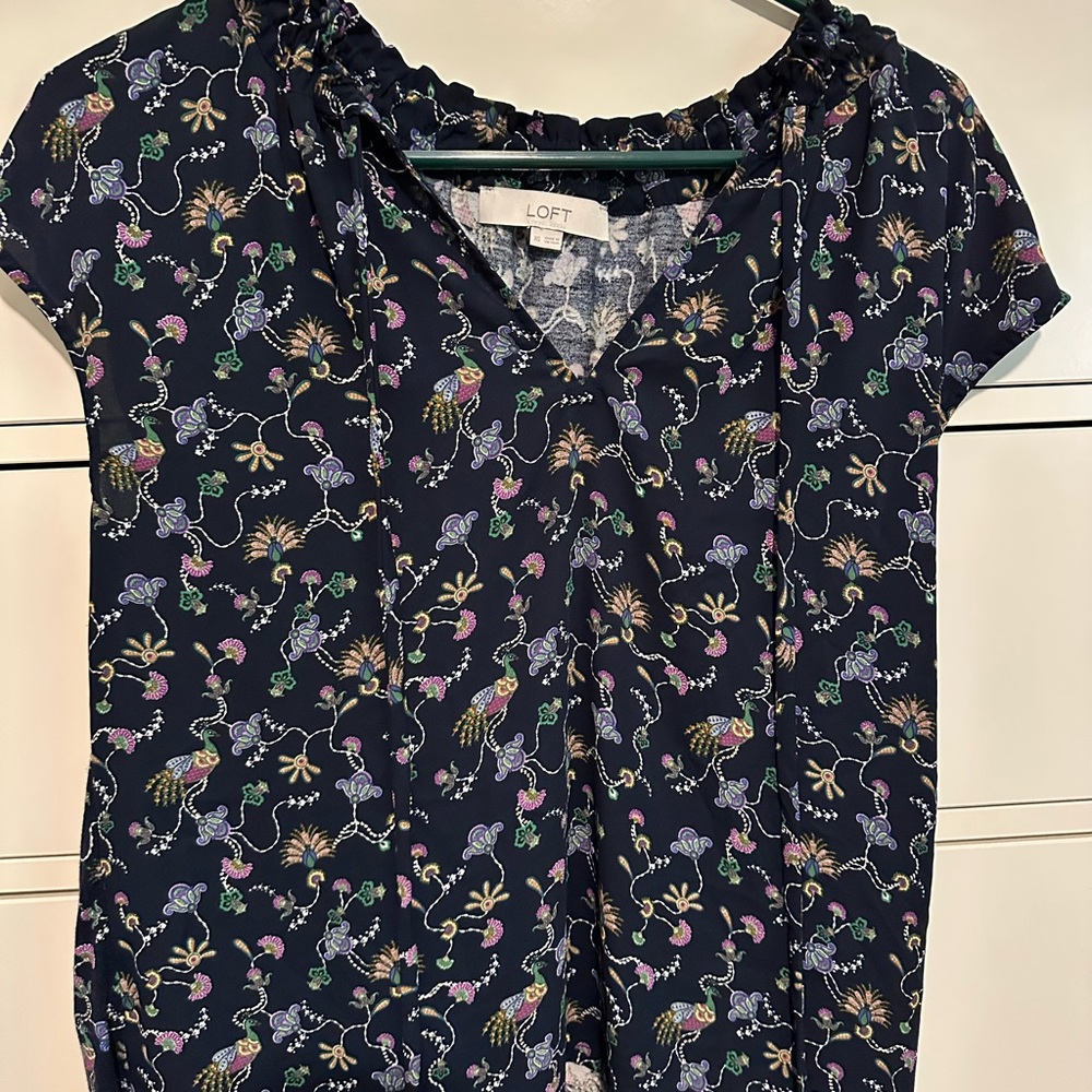 LOFT Blue and Pink Flutter Sleeve Blouse